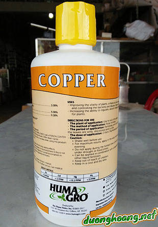 phân bón lá cao cấp copper: Cu: 5%; S: 3%; Hữu cơ: 0.3%. Copper cung cấp vi chất dinh dưỡng có tác dụng phuc hồi, cải thiện sức sống cho cây, tăng cường sự miễn