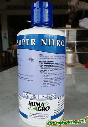 phân bón lá cao cấp super nitro: N: 30%; Hữu cơ: 11%....Sản phẩm dễ hòa tan và dễ hấp thu và có tác dụng nhanh chóng, là chất chính....cây trồng sinh trưởng phát triển nhanh
